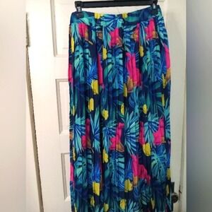 Kate & Mallory Tropical Floral Pleated Maxi Skirt Navy Pink Yellow Size M NWT